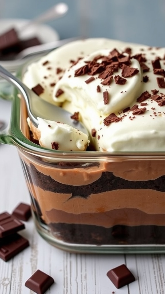 A beautiful layer of chocolate lasagna dessert with cream cheese and whipped topping, garnished with chocolate shavings.